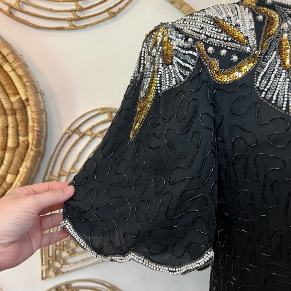 Vintage Laurence Kazar Black Silk Beaded Sequin Evening Blouse Party Top Size S - Picture 10 of 10